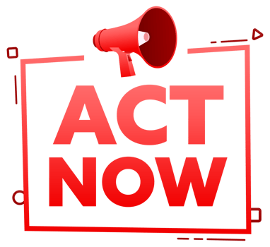 Megaphone with Act now speech bubble banner. Promotion and advertising label. stock illustration png