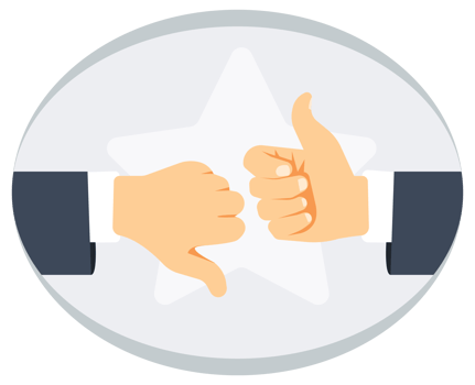 Hands giving thumbs up and thumbs down in a rating icon with star background png