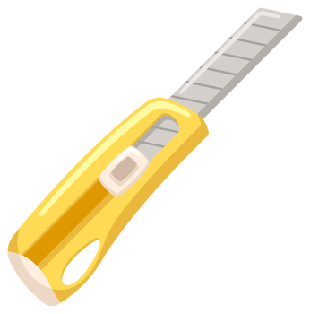 Collection of colorful utility knifes with sharp blades for cutting paper, cardboard and thin plastic materials isolated on white background png
