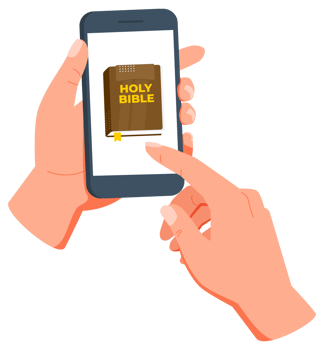 Hands holding smartphone with holy bible app on screen png