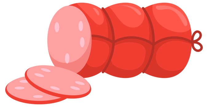 Meat products set. Sausages with slices. Whole and sliced farm meat products. png