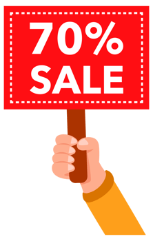 Hands holding red seventy percent sale signs with different backgrounds png