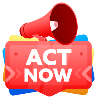 Act now. Badge with megaphone banner, label. Marketing and advertising. illustration png