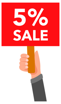 Hands holding red five percent sale signs, banners and placards in a set collection png