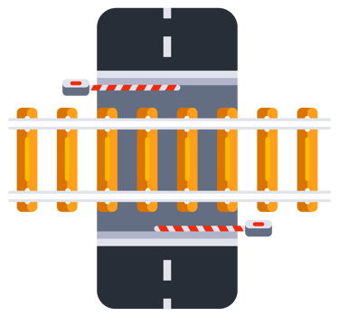 Set of railroad elements showing different types of railways with crossing and train wagons. png