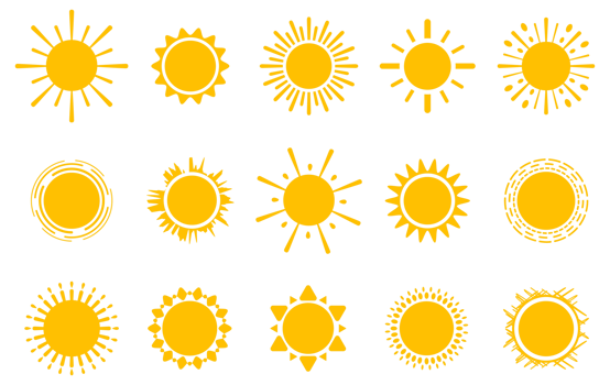 Vibrant array of stylized sun icons with various rays and designs on a white background png