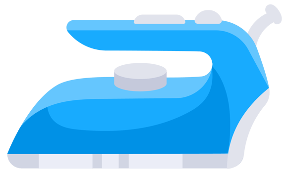 Four different types of irons are shown in a row. The irons are blue, yellow, and orange. png