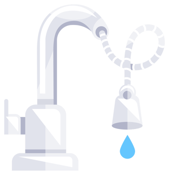 Four different illustrations of water taps leaking water drops, representing concepts like plumbing and water conservation png