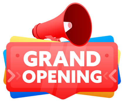 Grand opening. Badge with megaphone banner, label. Marketing and advertising. illustration png