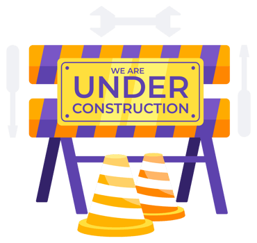 Under Construction sign with orange and white traffic cones and construction barriers png