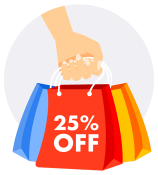 Hand holding colorful shopping bags with a 25 percent off sign, perfect for retail and commerce themes png