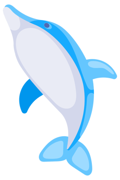 Four cute cartoon dolphins in different poses swimming and jumping on a white background png