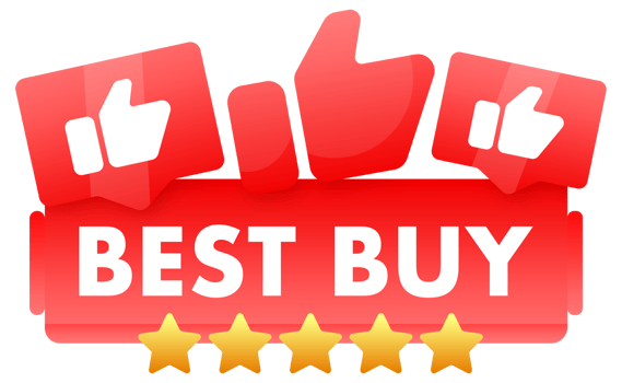 Red banner with BEST BUY text, thumbs up icons and golden stars for top-rated products, customer satisfaction and quality assurance concepts png