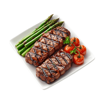 Grilled Steak with Asparagus and Tomatoes on Plate png