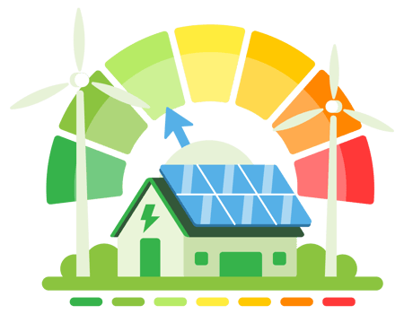 Sustainable house with solar panels and wind turbines, representing renewable energy and eco-friendly living png