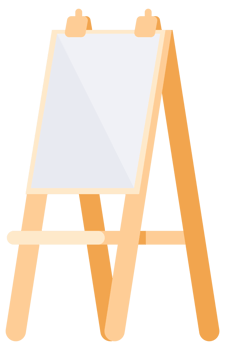 Different wooden easels, some holding blank canvases, perfect for art studios and aspiring artists png