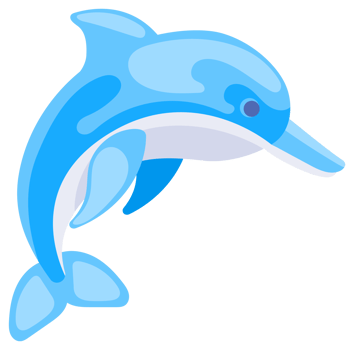 Four cute cartoon dolphins in different poses swimming and jumping on a white background png