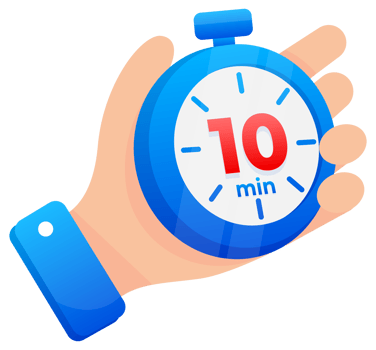 Hand firmly gripping a blue stopwatch set to 10 minutes, with a prominent red highlight on the timer png