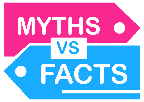 Colorful set of six logos showing the concept of myths versus facts, separating truth from lies png