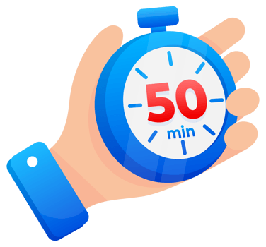 Hand firmly gripping a blue stopwatch set to 50 minutes, with a prominent red highlight on the timer png