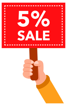 Hands holding red five percent sale signs, banners and placards in a set collection png
