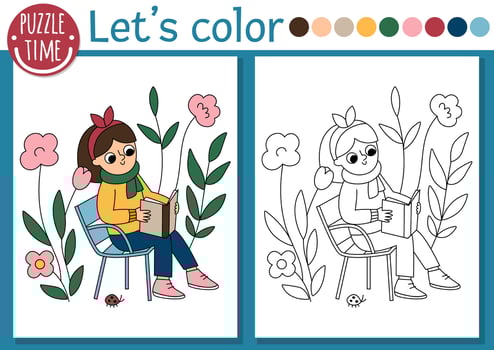 French themed coloring page for children with girl reading a book in the garden. French outline illustration. Color book for kids with colored example. Drawing skills printable worksheet vector