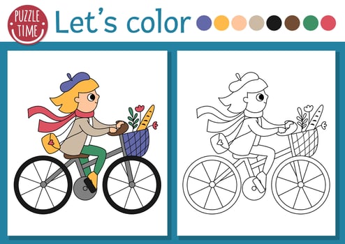 French themed coloring page for children with girl with baguette riding a bike. French outline illustration. Color book for kids with colored example. Drawing skills printable worksheet vector