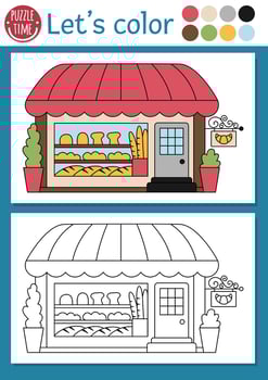 French themed coloring page for children with bakery. French outline illustration. Color book for kids with colored example. Drawing skills printable worksheet with cute bread shop vector