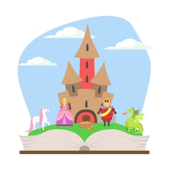 Opened Book with Magic Fairytale Castle, Prince, Princess, Unicorn and Dragon Illustration vector