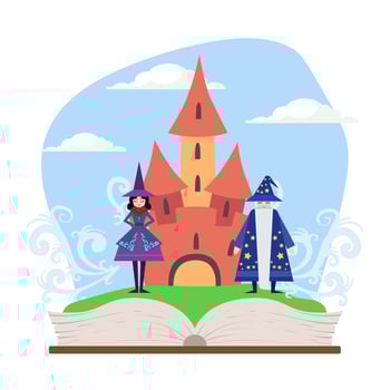 Opened Book with Magic Fairytale Castle, Wizard and Witch Illustration vector