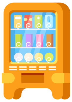 Colorful set of vending machines offering snacks and beverages for sale in a store or mall png