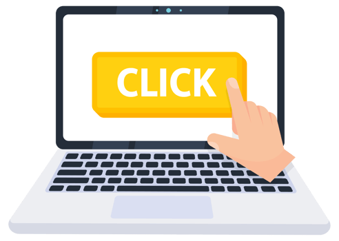 Hand pointer clicking on a click button on a laptop screen. illustration png