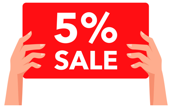 Hands holding red five percent sale signs, banners and placards in a set collection png