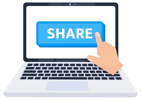 Hand pointer clicking on a share button on a laptop screen. illustration png