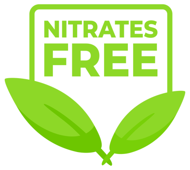 Set of green labels with a leaf design, prominently displaying Nitrates Free for health focused food and product packaging. png