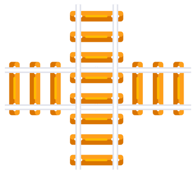 Set of railroad elements showing different types of railways with crossing and train wagons. png