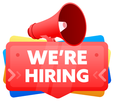 We are hiring. Badge with megaphone banner, label. Marketing and advertising. illustration png