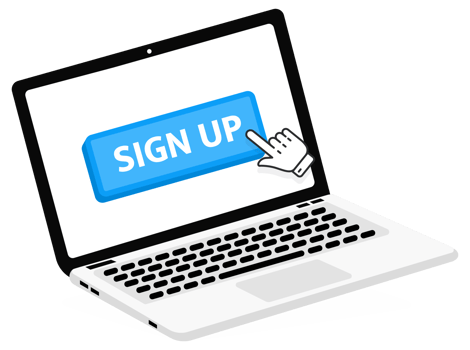 Sign UP text on Laptop screen with a red button . Button with pointer clicking. Finger Pressing png