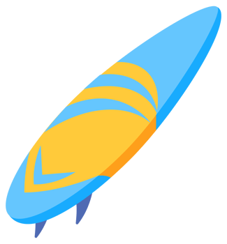 Blue and orange surfboard rotating, showing all sides of the board, isolated on white background png