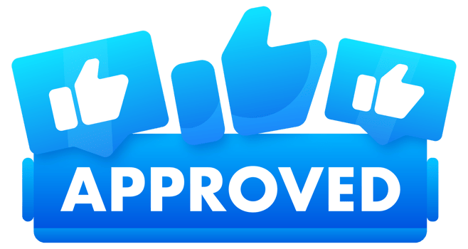 illustration of a blue APPROVED banner with thumbs up icons symbolizing positive verification, acceptance, or endorsement png