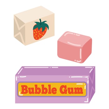 Cute set of strawberry bubble gum candies in cartoon flat style. Retro 90's collection. vector