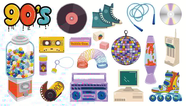 Cartoon retro 90s vibe collection of toys, candies and gadgets. 90s graffiti and boombox, bubble gum machine and retro personal computer. Set of y2k elements in flat style. vector