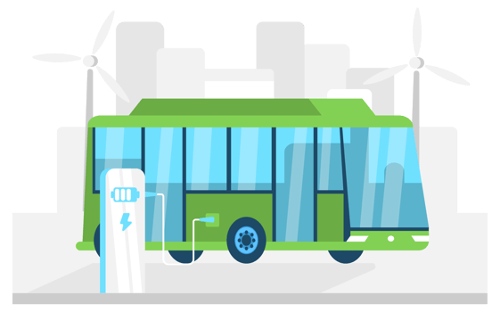 Electric bus at a charging station with wind turbines in the background, representing sustainable public transportation png