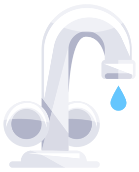 Four different illustrations of water taps leaking water drops, representing concepts like plumbing and water conservation png