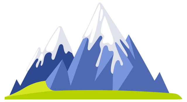 Set of four different mountain illustrations showing snowy peaks, rocky formations and green hills png