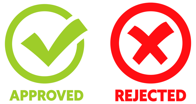 Approved and rejected label sticker. Green check mark yes and red cross no icon. stock illustration png