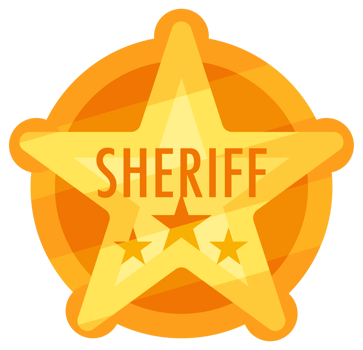 Four golden sheriff badges with stars are representing law enforcement in wild west png
