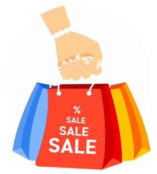 Hand Holding with multicolored shopping bags. Big sale concept. illustration png