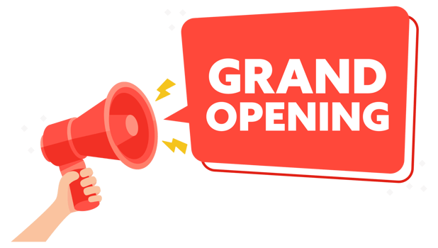 Celebratory Illustration of Hand Holding Megaphone for Grand Opening Announcement png
