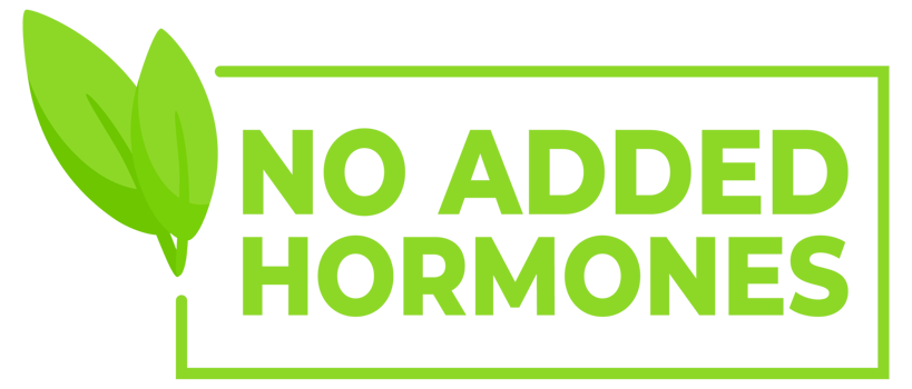 Set of labels in green with a leaf symbol declaring No Added Hormones, ideal for clean and trustworthy food product packaging. png